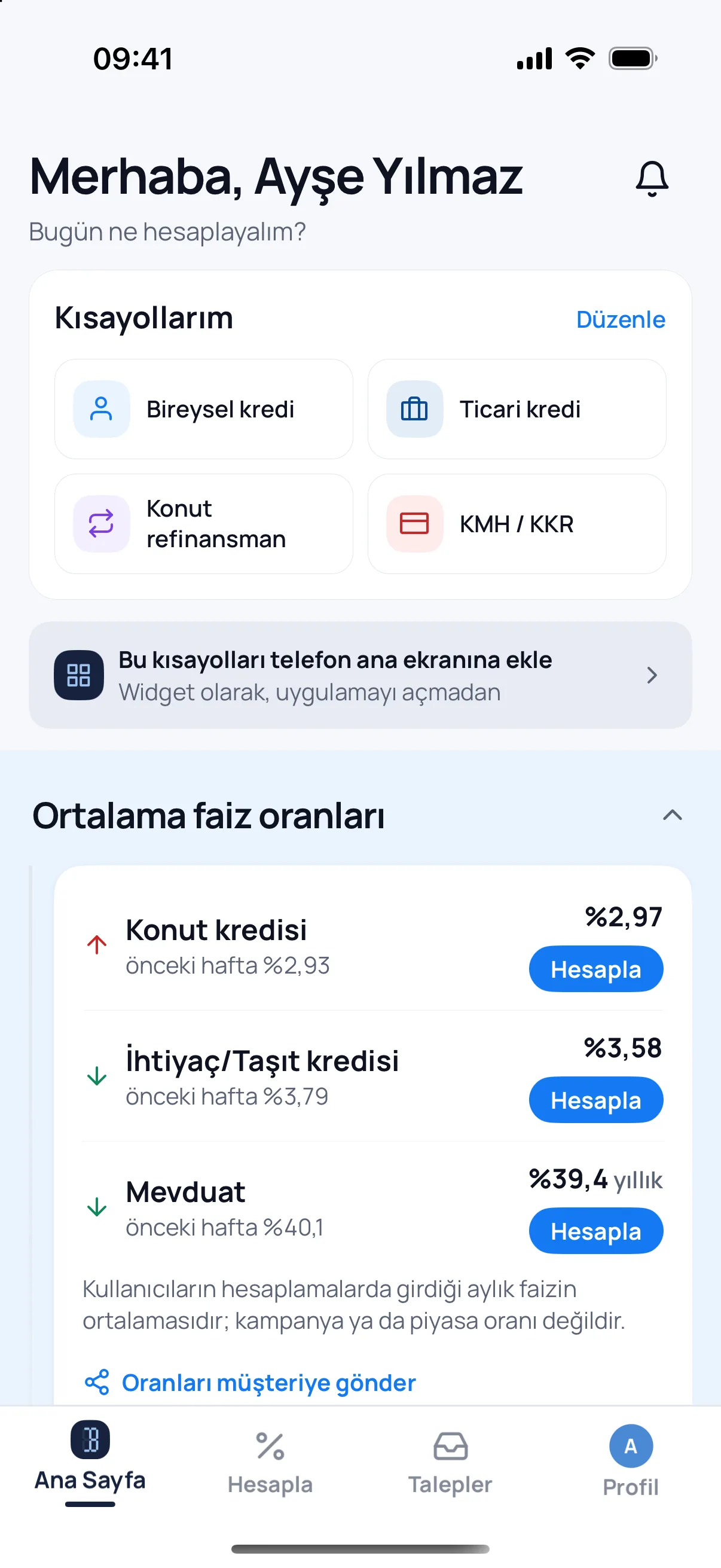 Ana sayfa: kısayollar ve kullanıcıların girdiği ortalama oranlar.