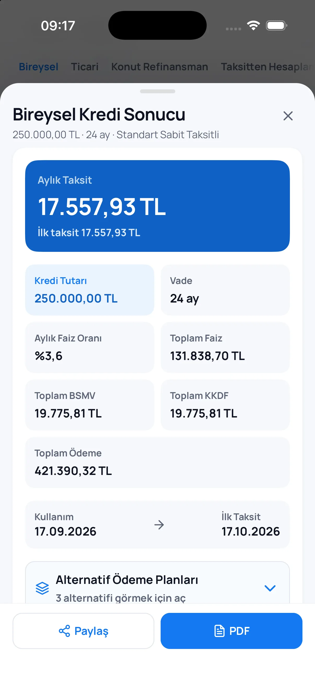 Vergiler dahil sonuç, Paylaş ve PDF düğmeleriyle.